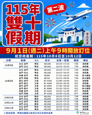 雙十連假第2波臺金機票  9/1開放訂位
