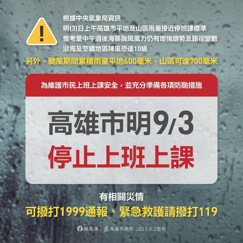 「海葵」颱風撲台  高雄市宣布明天停止上班上課