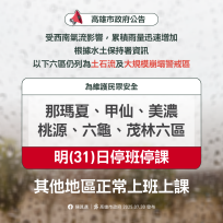 受西南氣流影響  高雄明31日六龜等六區停班停課