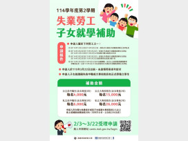 「失業勞工子女就學補助」3月22日截止申請