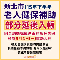 新北市115年下半年健保補助　社會局：款項預計於8/3重新入帳