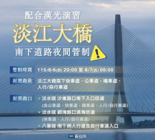 新北推出漢光演習因應措施　交通局：淡江大橋、光復橋、市道106線將進行管制