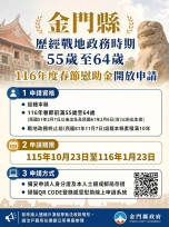 金門戰地政務55-64歲116年春節慰助即日線上申請