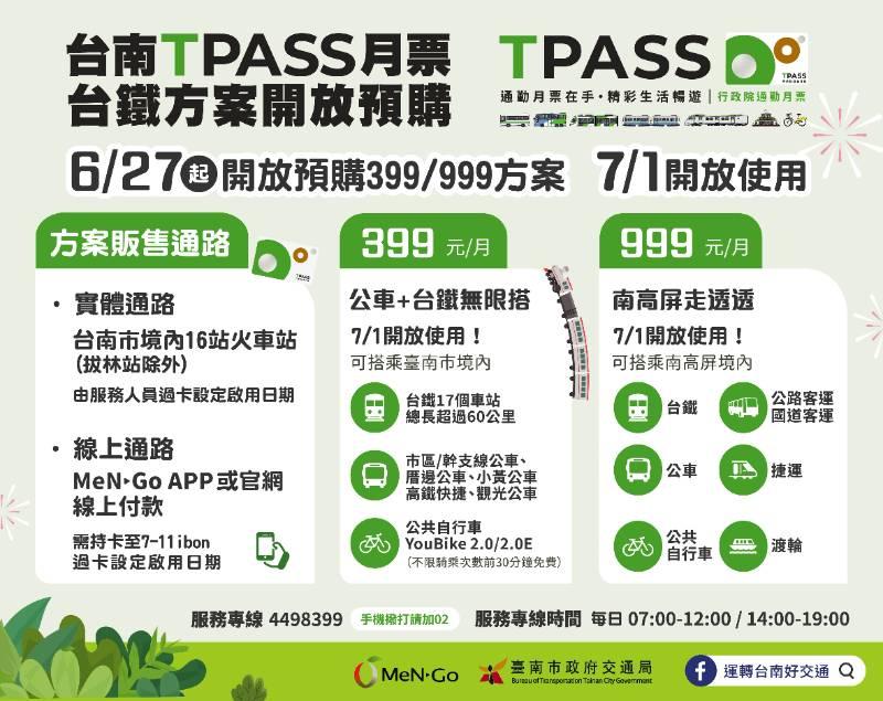 台南TPASS月票399/999台鐵方案提前開放預購 7/1正式啟用