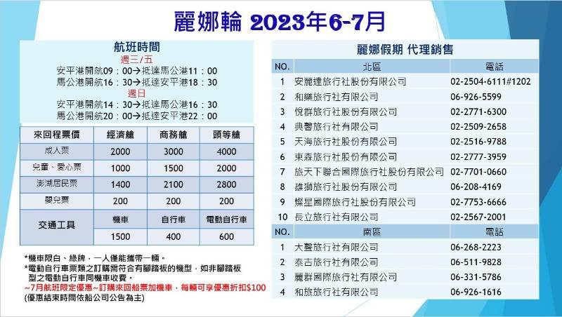 搶攻暑假旅遊商機!7月份起，與機車同行搭麗娜輪「台南-澎湖」航線享優惠