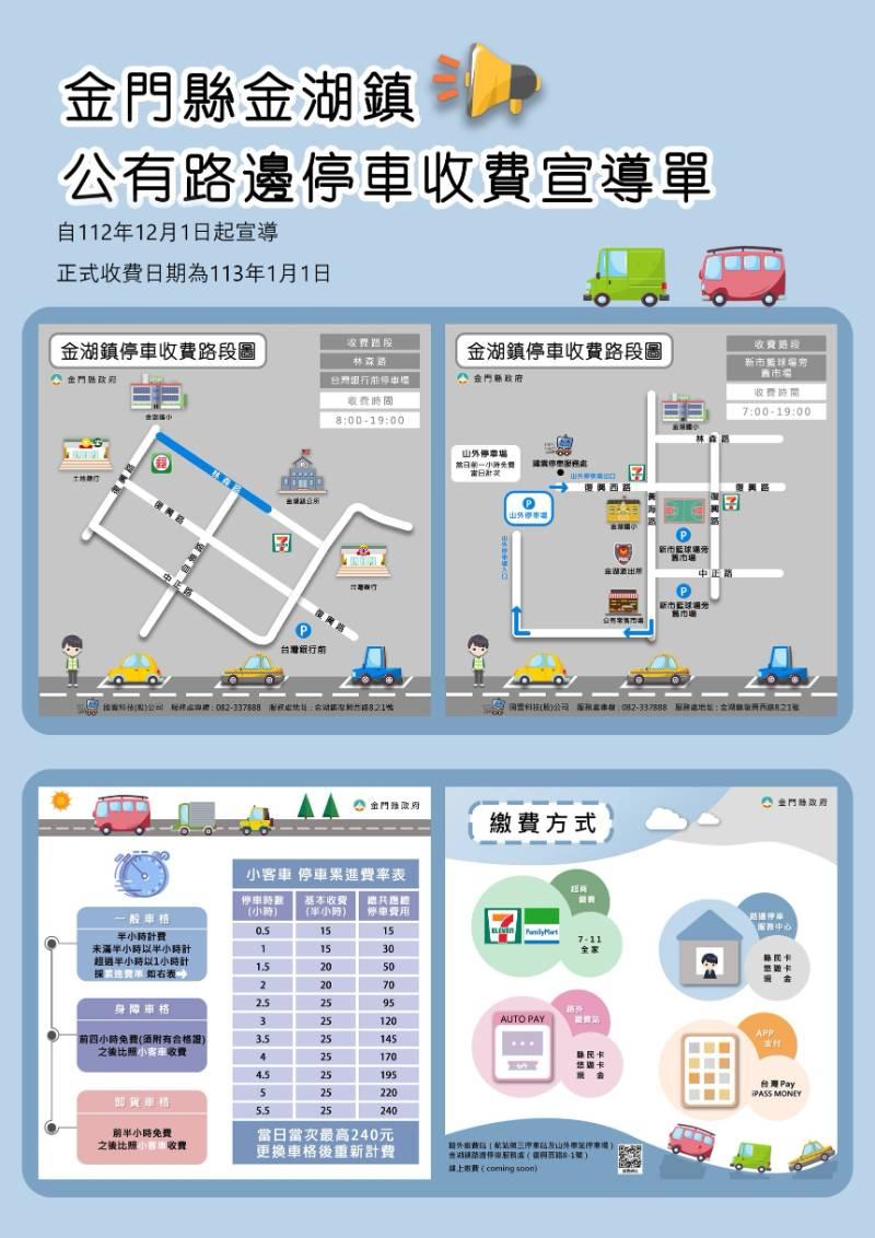 113年元月起金湖市區路邊停車啟動收費