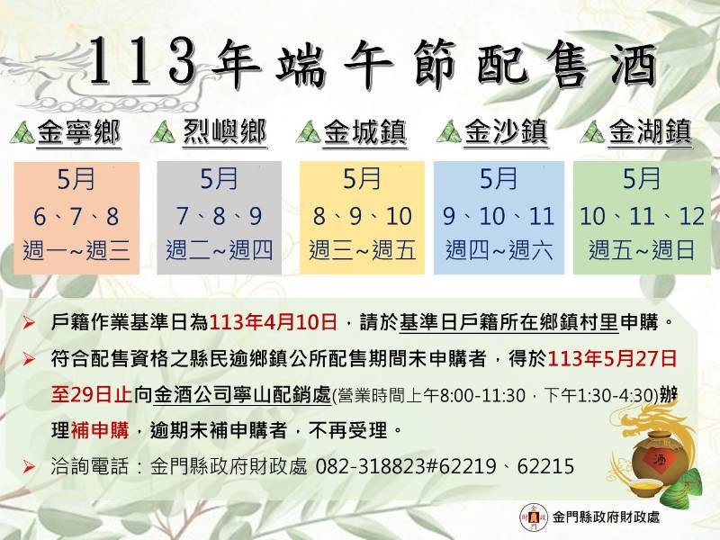 113年金門端節配售酒認證相關規定 籲鄉親及時申辦 5/6起金寧等陸續展開