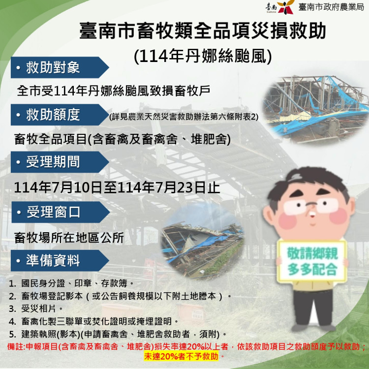 丹娜絲颱風重創台南畜牧業 啟動現金救助及低利貸款