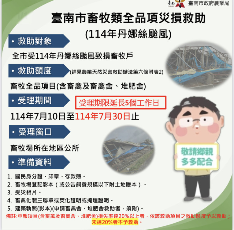 丹娜斯颱風致台南農業損失逾 10 億，救助申報期限延長