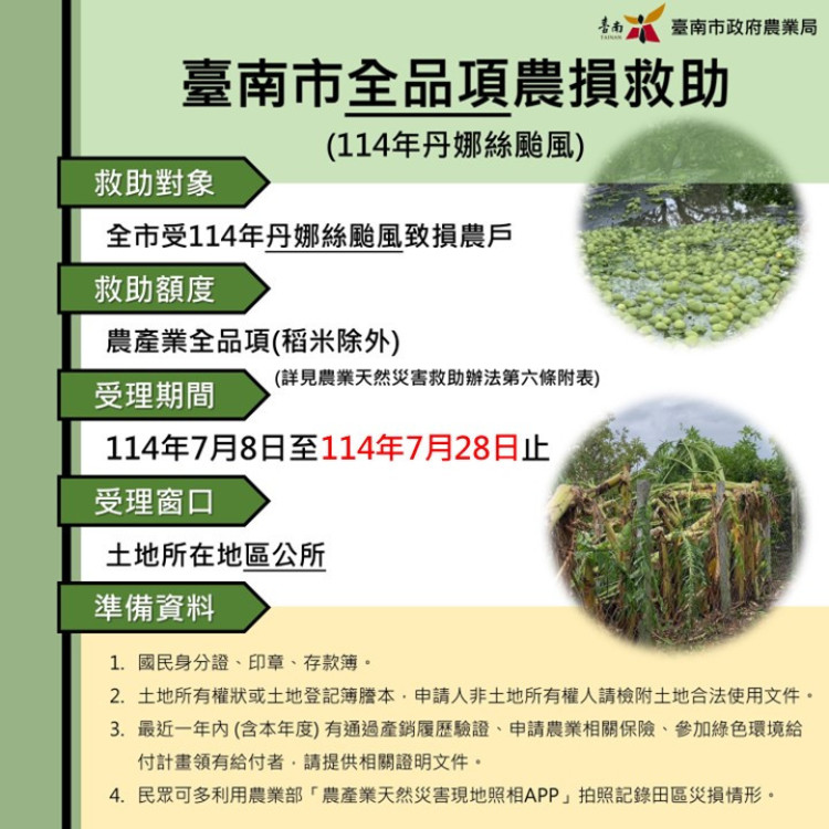 丹娜斯颱風致台南農業損失逾 10 億，救助申報期限延長