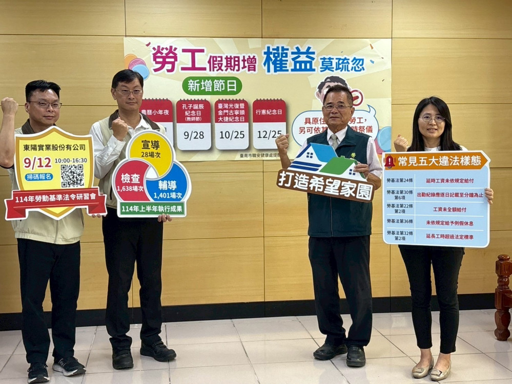 臺南勞工國定假日增 4 日 南市勞工局呼籲雇主依法給假給薪