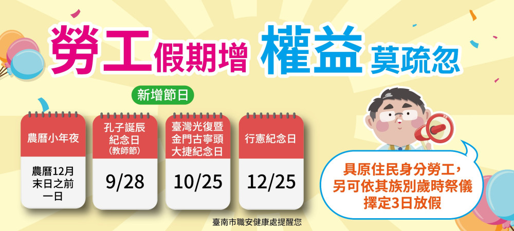 臺南勞工國定假日增 4 日 南市勞工局呼籲雇主依法給假給薪