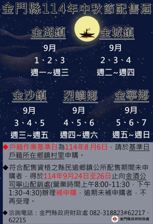 114年金門秋節家戶配酒9/1起展開  配售認證或恢復9/1-9/5申辦