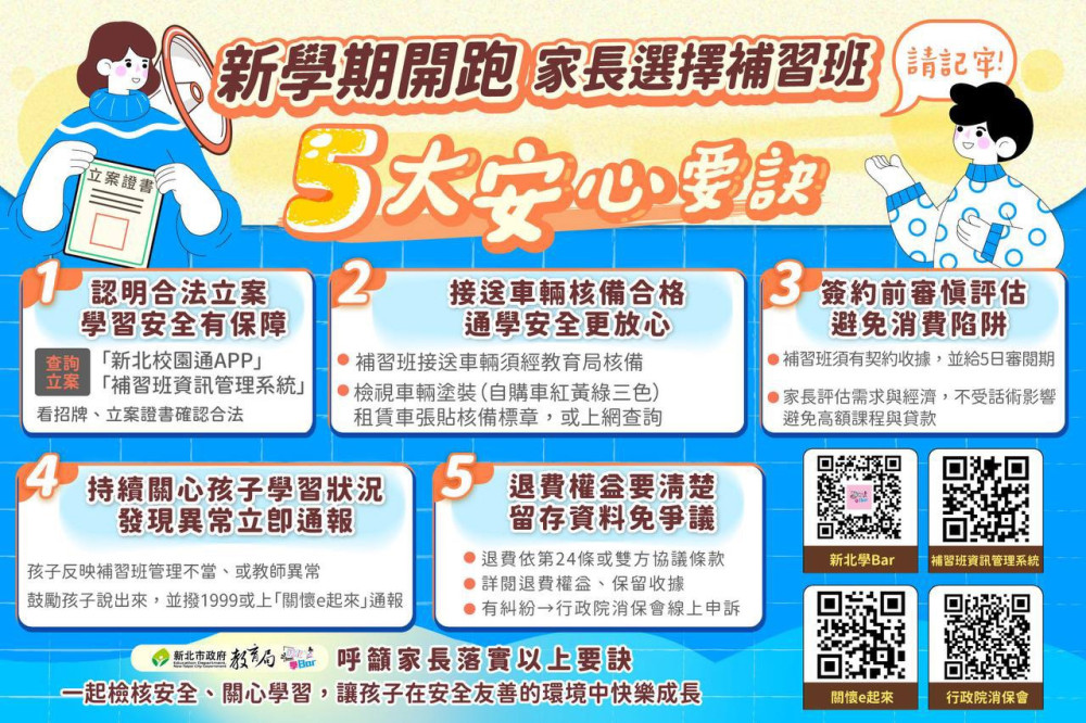 補教學習選立案 新北公布5大安心要訣守護孩子安全學習