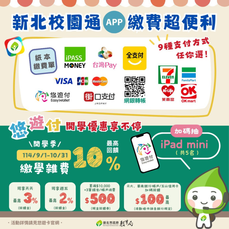 新北校園通APP打造親師生數位便利新生活！「悠遊付」繳學費最高10％回饋抽iPad！