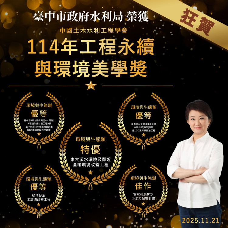 中國土木水利工程學會114年工程永續與環境美學獎   中市府水利榮獲5項殊榮