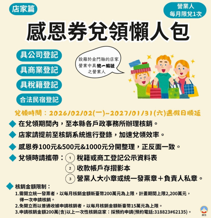 金門春節感恩券明年1/30起發放 推識別貼紙邀店家加碼共拓商機