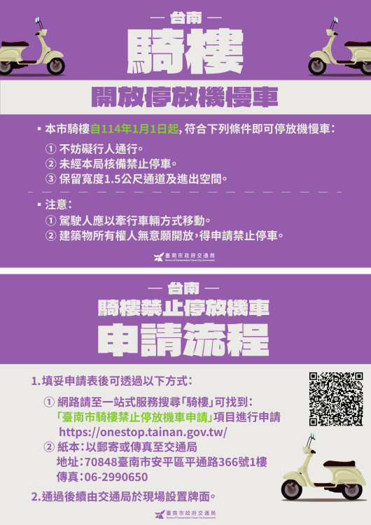 臺南市政府交通局公告本市騎樓自今年1月起開放停放機慢車