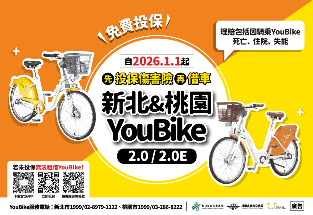 有投保，才能租借騎乘YouBike「新北、桃園」明年共推公共自行車傷害險新制！