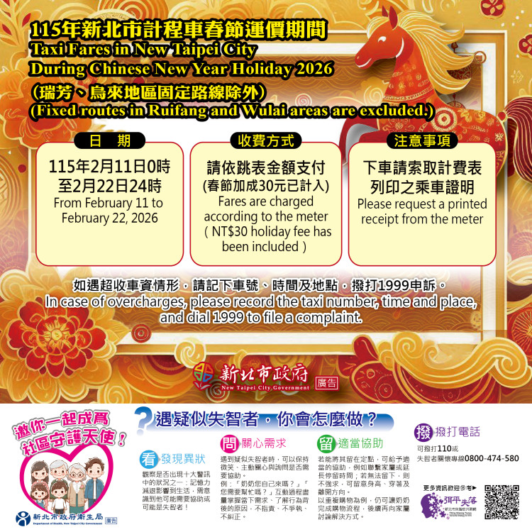 北北基計程車2/11~2/22春節加成 一律按表收費