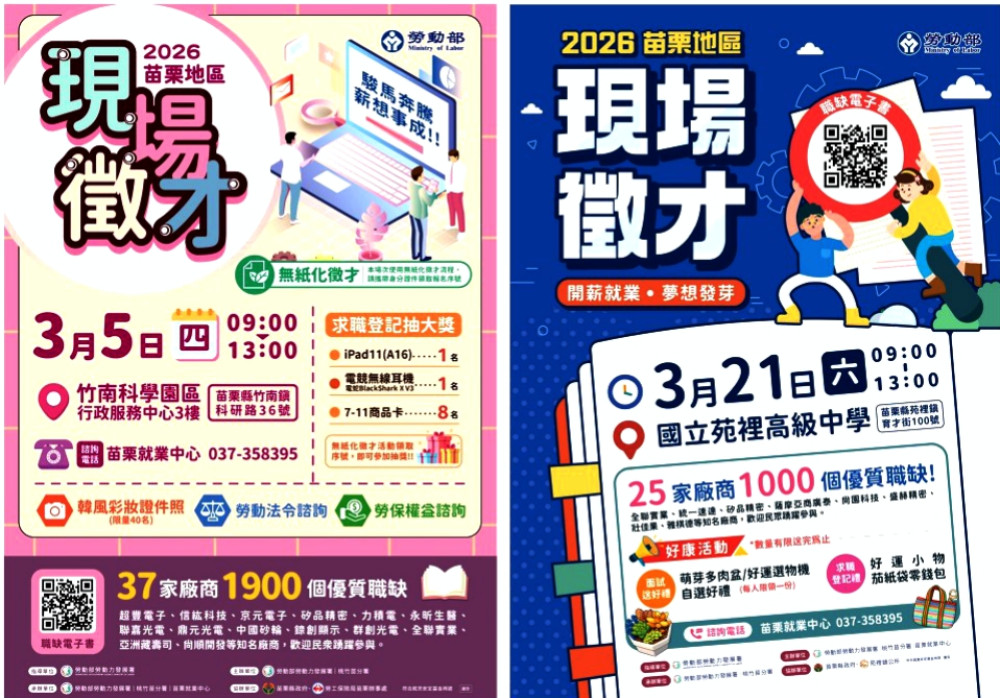 桃竹苗分署苗栗地區3/5、3/21徵才　兩場職缺多元共釋出2900工作機會
