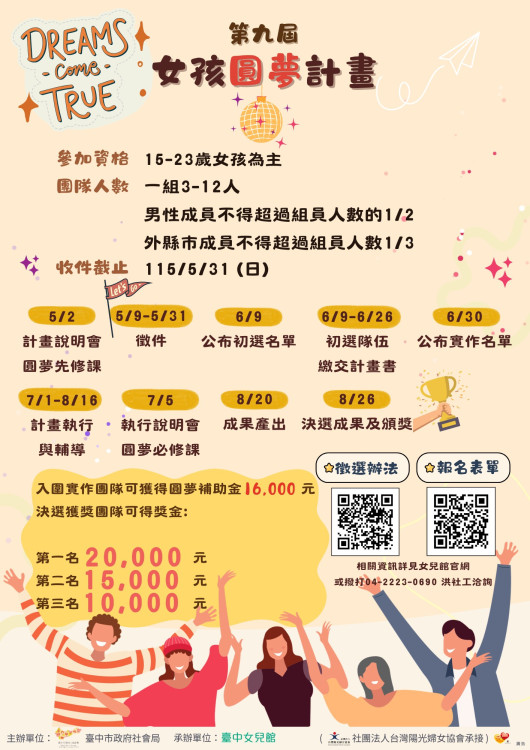 臺中女兒館「女孩圓夢計畫」5/2啟動   揪團用創意翻轉性別偏見