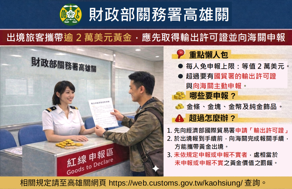 守護荷包必看！高雄關:黃金出境申報規範  避免違規受罰