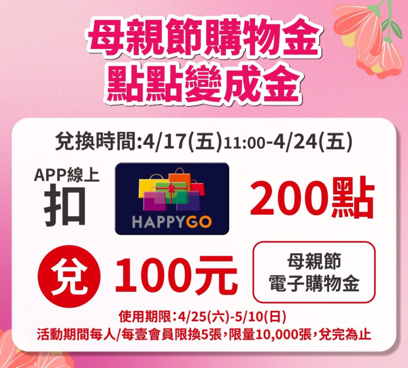 新竹SOGO母親節檔期4/25-5/10　快樂購點數換購物金自4/17起開搶