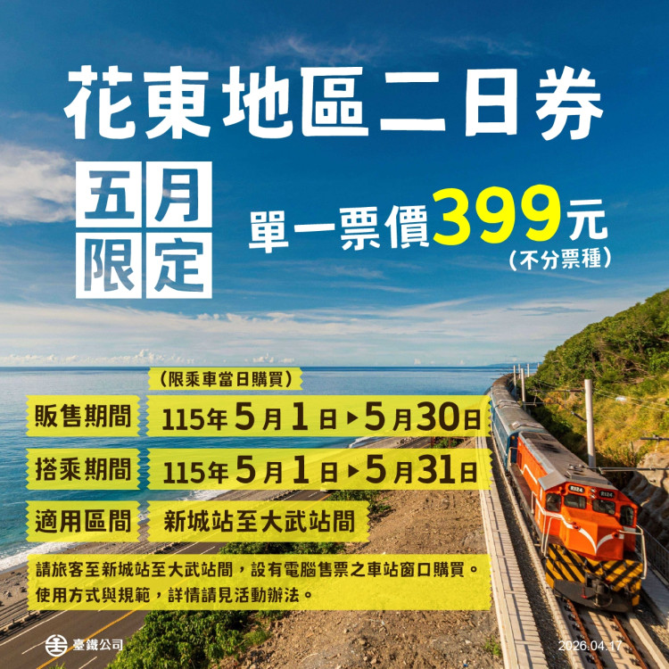 臺鐵推5月雙重優惠　點數加倍＋花東399元暢遊券吸客