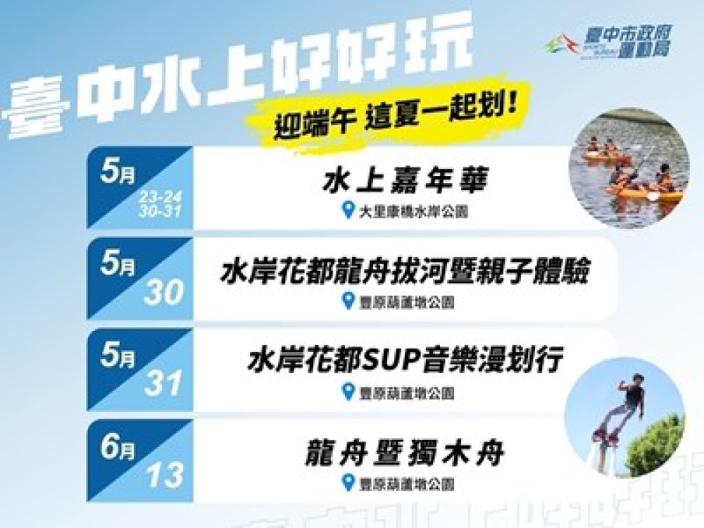 迎端午玩水趣！台中水域系列活動5/23-6/13登場 邀市民清涼一夏