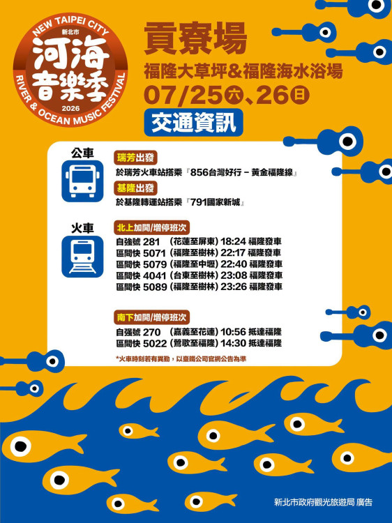 「新北市河海音樂季-貢寮場」7/25、7/26週末嗨翻福隆　交通局：搭乘大眾運輸更方便
