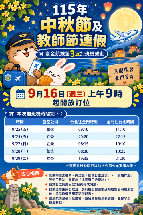 9/16臺金中秋教師節加班機9時訂位開放