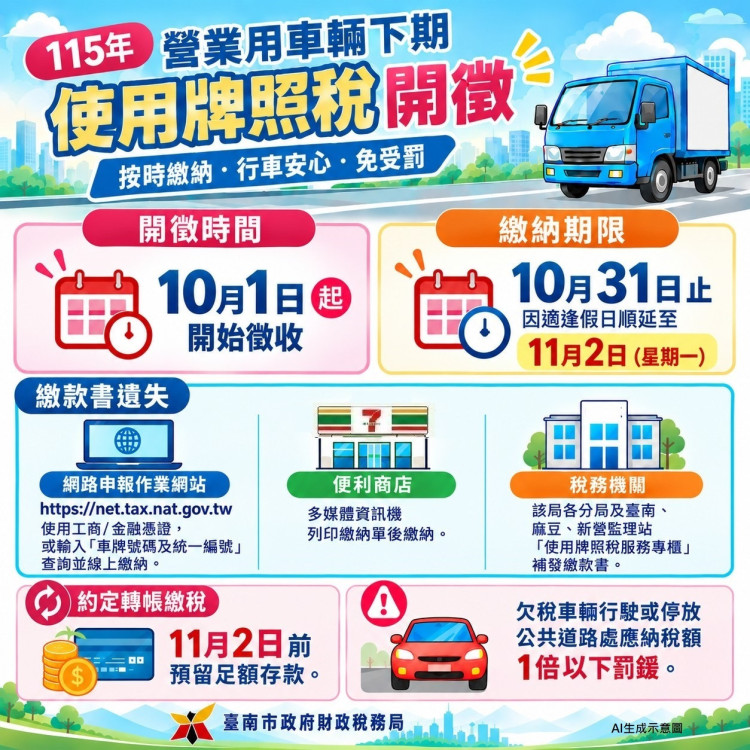 營業用車輛下期牌照稅11月2日截止　臺南財稅局籲車主儘速繳納