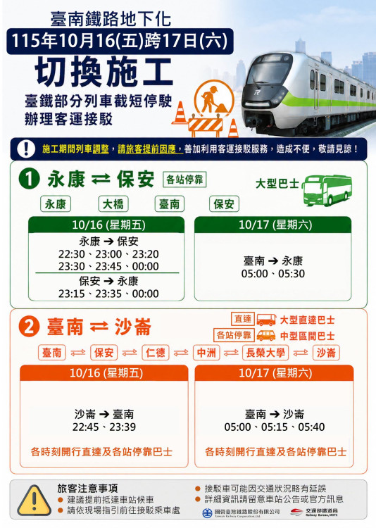 臺南鐵路地下化首階段17日通車　台鐵公布接駁路線與首班車時間